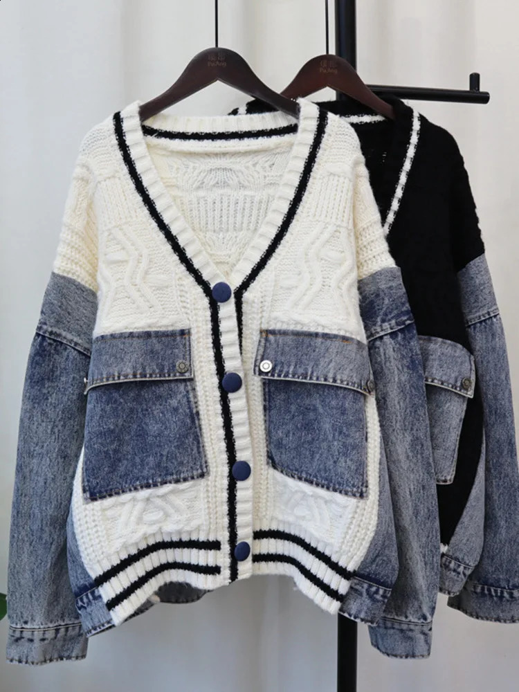 Large fashion style V-neck denim patchwork knitted cardigan loose womens clothing winter autumn item 16O1104 241021