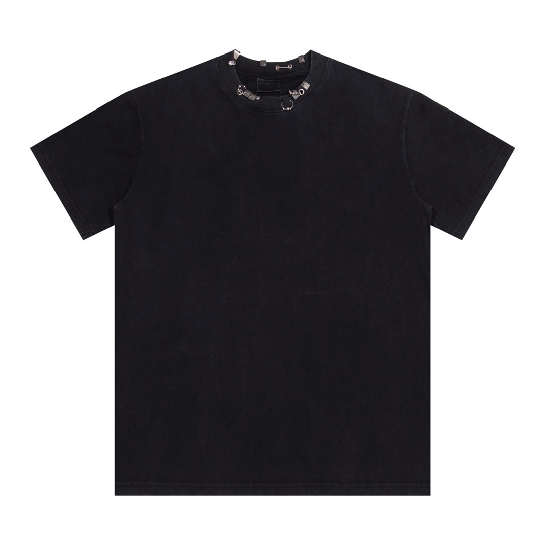 Luxury Designer Retro T-Shirt with Metallic Decorated Neckline