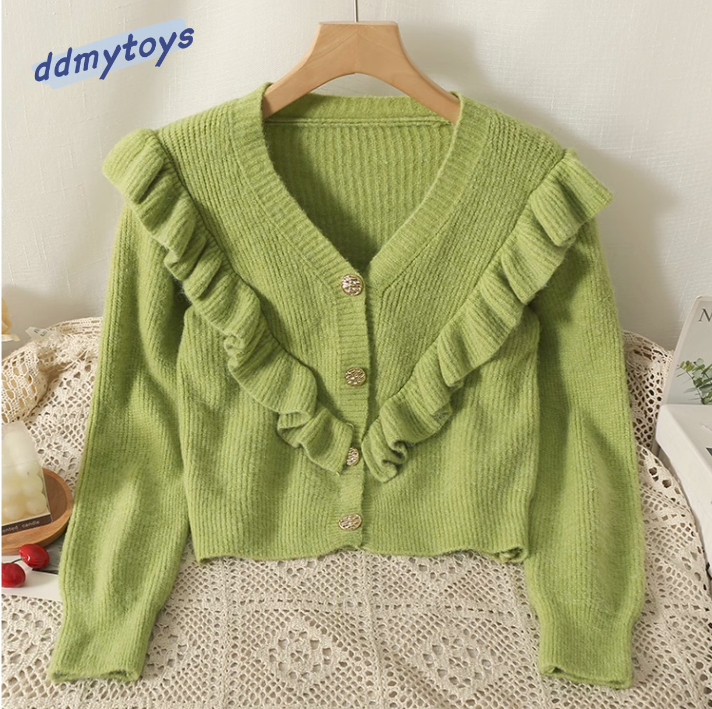 Ddmytoys Autumn And Winter New Design Sense Ruffle Solid Color Sweater Black Fungus Edge Knitted Cardigan Women S Loose Sweater Jacket F1023#45