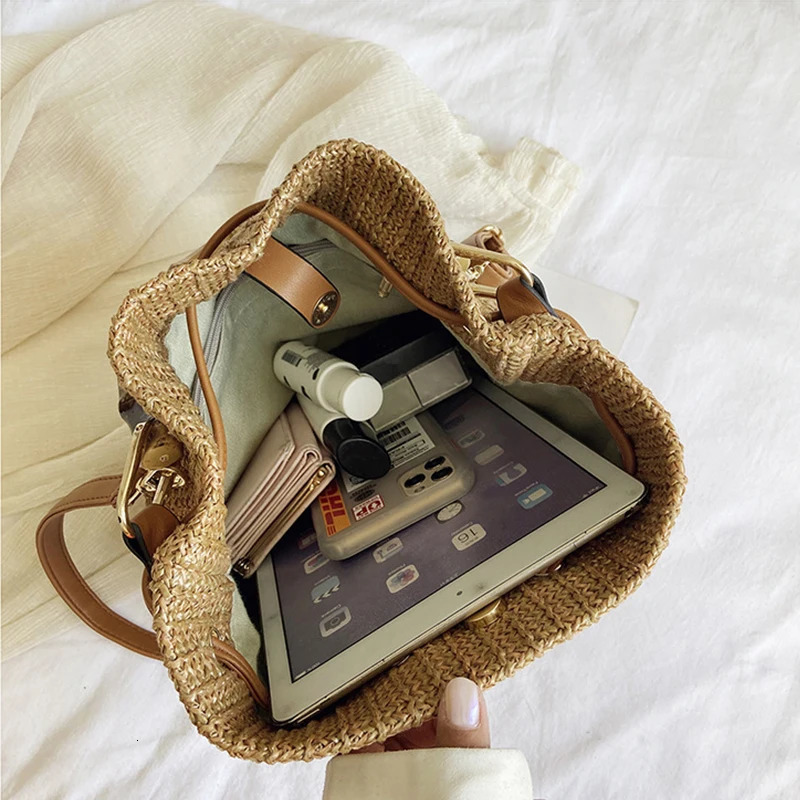 Bohemian Cross Drawstring Bucket Womens Lattan Willow Bag Handle Beach Handbag 241022 1e8f 4