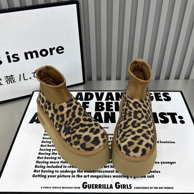 Leopard platform womens snow ankle boots apartment casual shoes short plush cotton shoes trend warm winter Botas unprinted good products 241022