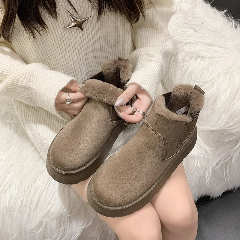 Winter Women Short Plush Warm Non-Slip Snow Casual Suede Fur Ankle Boots Flats Platform Ladies Shoes 241021