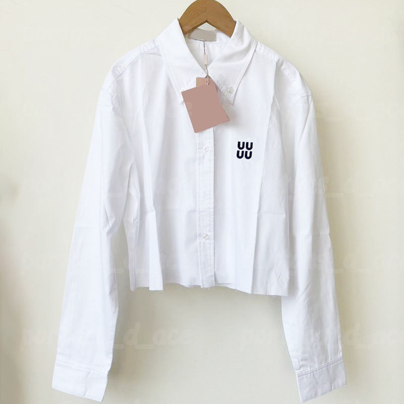 Luxury Women Cropped Shirt Tops Letters Embroidered White Blouse Elegant Long Sleeve Button Shirts Top