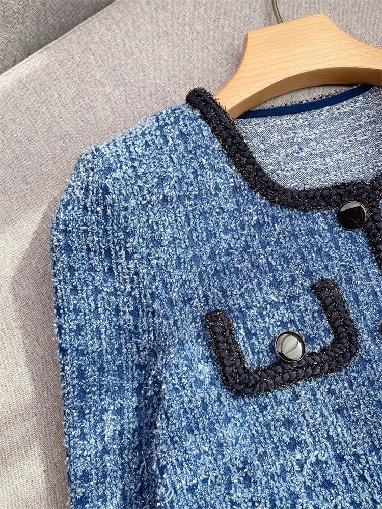 2025 Spring Sky Blue Two Piece Dress Sets Long Sleeve Round Neck Tweed Single-Breasted Coat + Buttons Skirt Set Two Piece Suits M5A028639 Check Size C