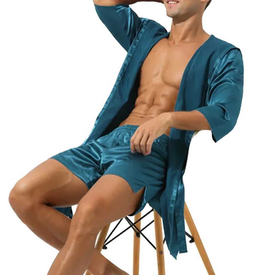 Mens Hoodie Loose Satin Silk Bathroom Sleepwear Spwear Large Lace Evening Dress Long Sve Bathrobe Evening Dress W241023