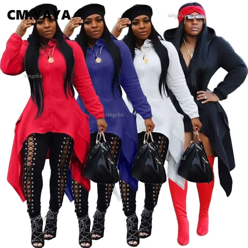CM.YAYA Women Active Wear Hooded Zipper Long Sleeve Irregular Hem Sweatshirts Autumn Pullovers Hoodies 201216