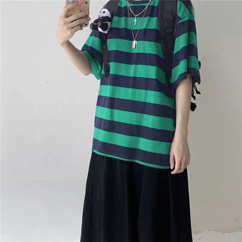Women TShirts Harajuku Goth Punk stripe Print Short Sleeve Loose Clothes Oversized T Shirt Female Tops Hip Hop Tee Shirt 241010