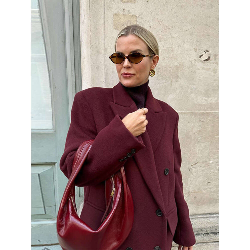 Angora Red Tweed Woolen Coat Lapel Three Button Cashmere Long Wool Suit Overcoat Double Breasted Wide Shoulder Women Outwear