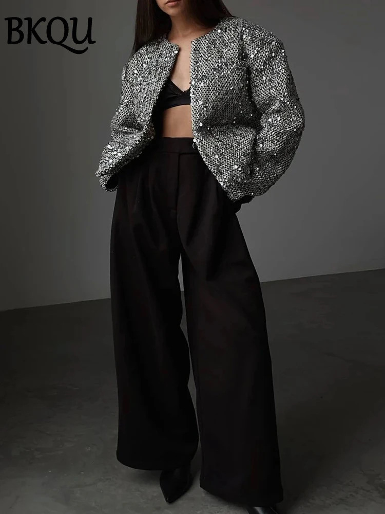 BKQU Tweed Sequined Jackets Women Casual Loose Round Neck Long Sleeved Cropped Silver Cardigan Autumn Female Warm Elegant Coats 241021