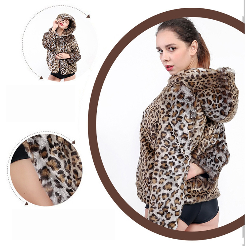 OC2551M9 Women's Faux Fur Leopard Print Hooded Coat Imitating Rabbit Fur and Fur Sunday Angora Yarns Loose and Fashionable Jacket