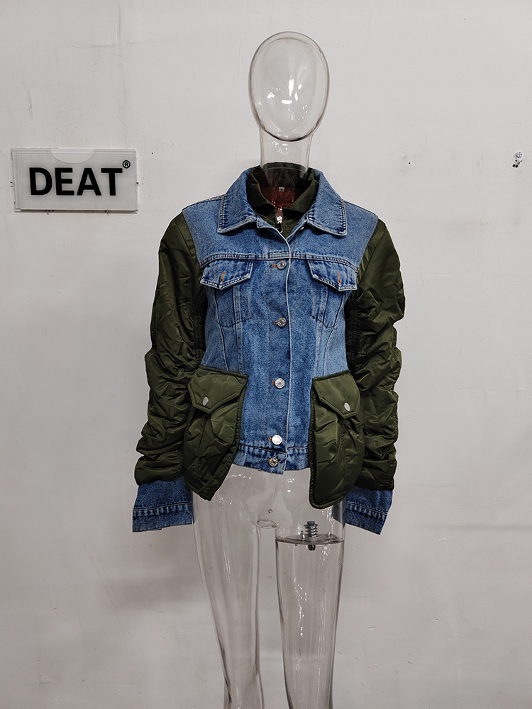 DEAT Fashion Women's Patchwork Denim Jackets Turn-Down Collar Loose Zipper Long Sleeve Short Coat Autumn 2024 New Tide 7Z249