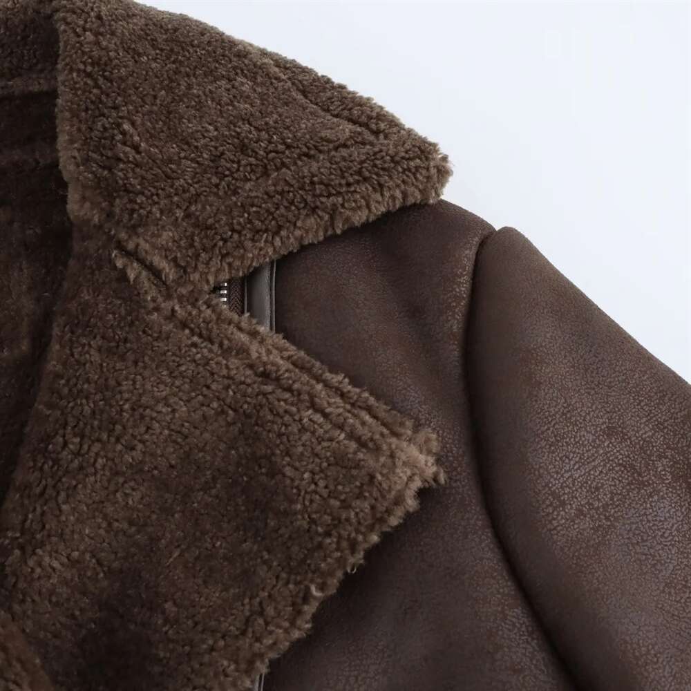 Pb&Za2024 Autumn/Winter New Product: Leather And Fur Integrated Double Sided Collar Long Sleeve Short Cotton Jacket Coat