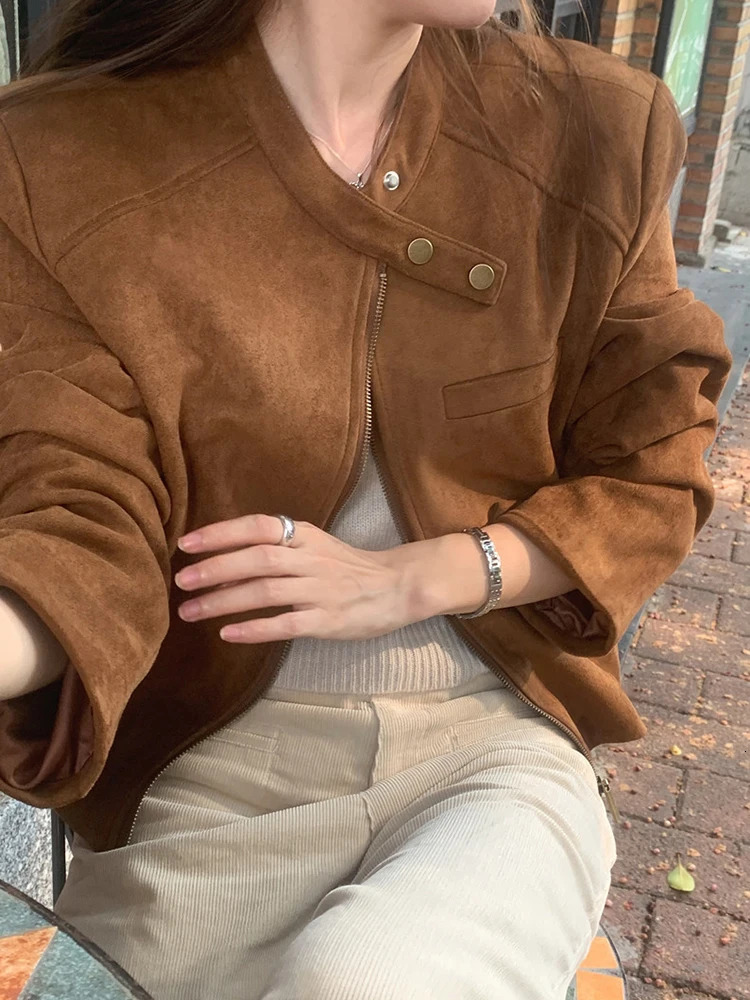 American style retro suede jacket winter warm thick zipper jacket long sleeved bicycle jacket casual short jacket trend 241023