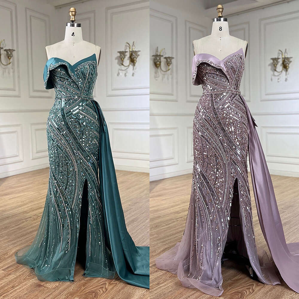 Serene Hill 2024 Arabic Turquoise Beaded Evening Dresses Dubai Elegant One Shoulder Women Party Gown