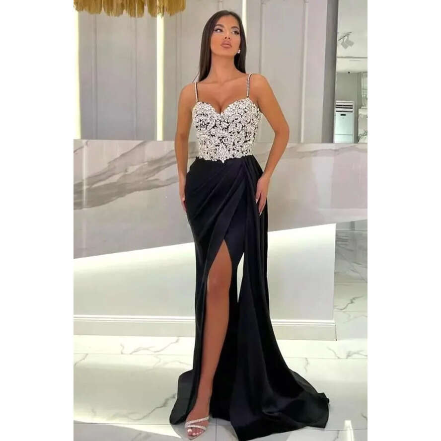 Black Split Light Stunning Evening Dresses Sexy Mermaid Spaghetti Straps Beads Appliques Women Ocn Party Vestidos Prom Gowns Arabic Bc18843