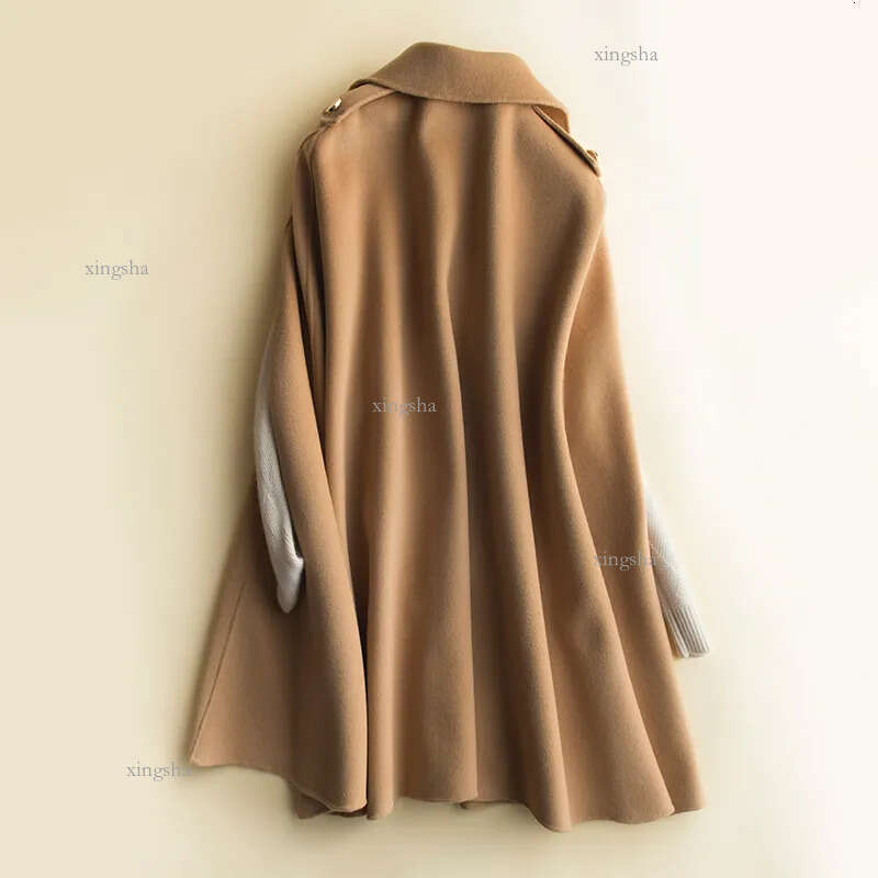 100% Wool Mid long bat cape women woolen coats spring loose double sided cashmere coat women's Cape fashion brown wool coat 201214