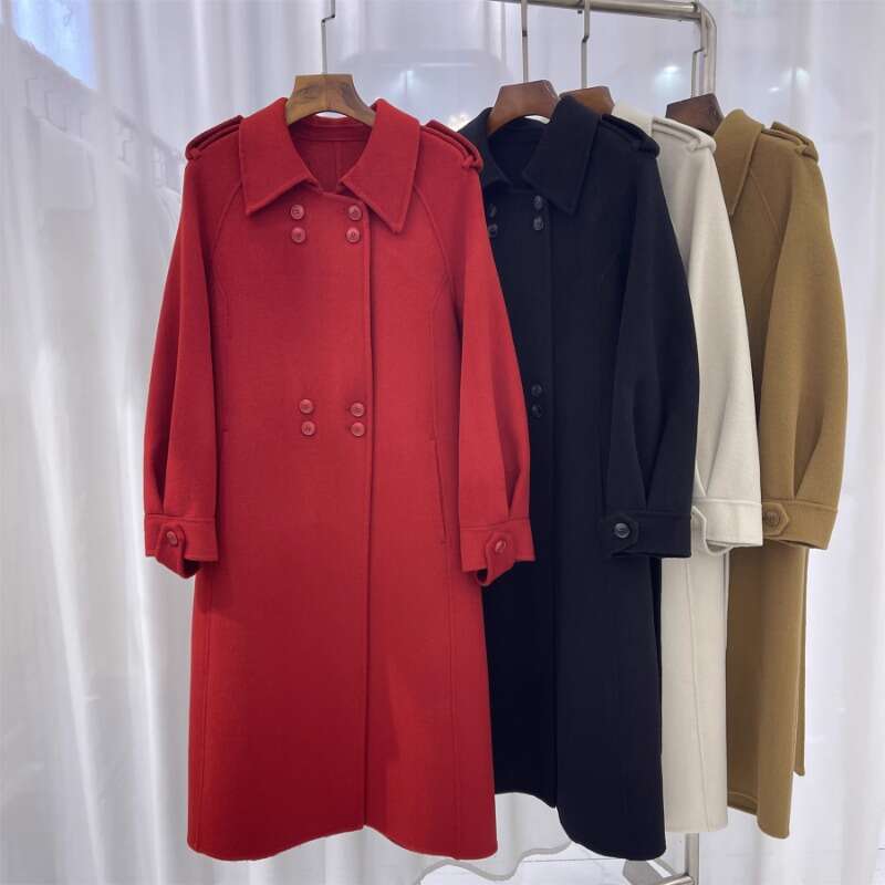 Rose Mid-Length Double-Sided Cashmere Female Double Breasted Elegant Lapel Woolen Autumn Winter Lace-Up Coat Women