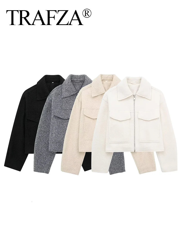 TRAFZA vintage womens solid tweed cut jacket with pockets long sleeved lapel open top jacket womens street jacket 241023