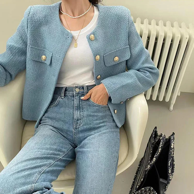 Womens coarse tweed single chest open top jacket elegant long sleeved jacket office O-neck solid top autumn warm jacket 241023