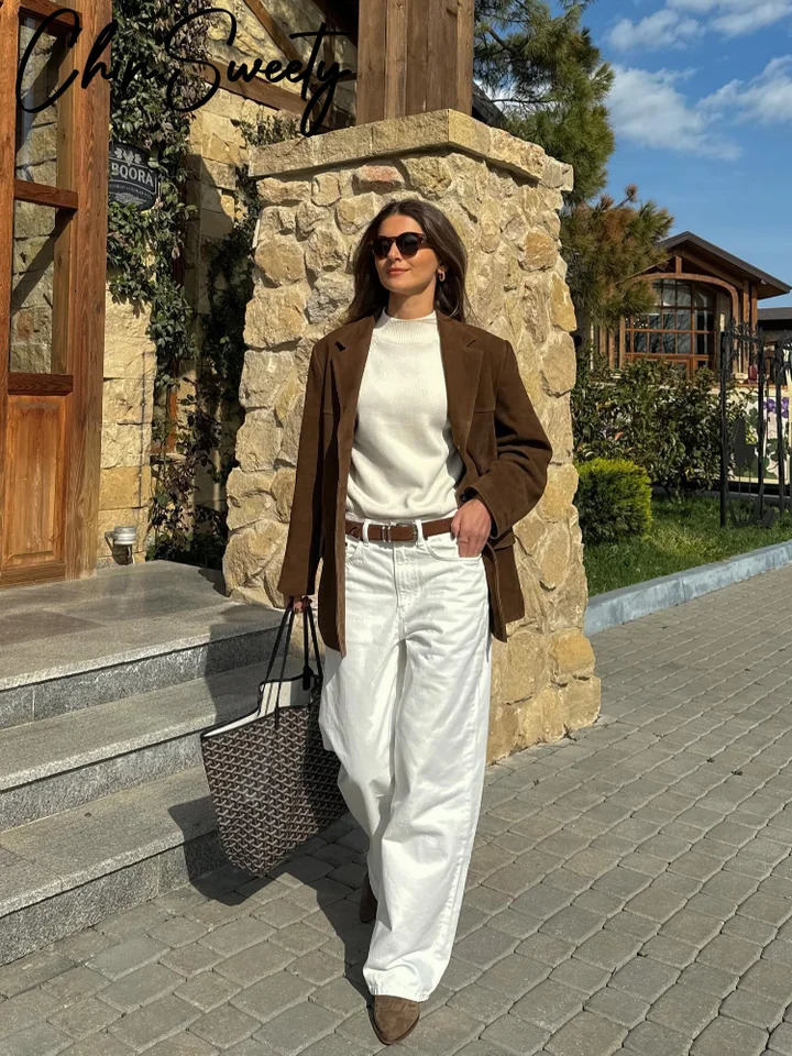 Retro artificial suede lapel jacket for women loose single chest pocket jacket autumn and winter casual womens jacket 241023