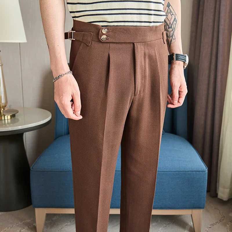 British Style Naples Mens High-end Linen Pants High Waist Straight Slim Fit Casual Trousers High Quality Solid Social Suit PantX241023