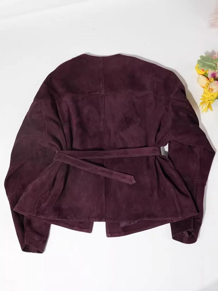 Autumn Womens Cashmere Leather Jacket with O-neck Office Womens Work Jacket Retro High Quality Genuine Leather Jacket 241023