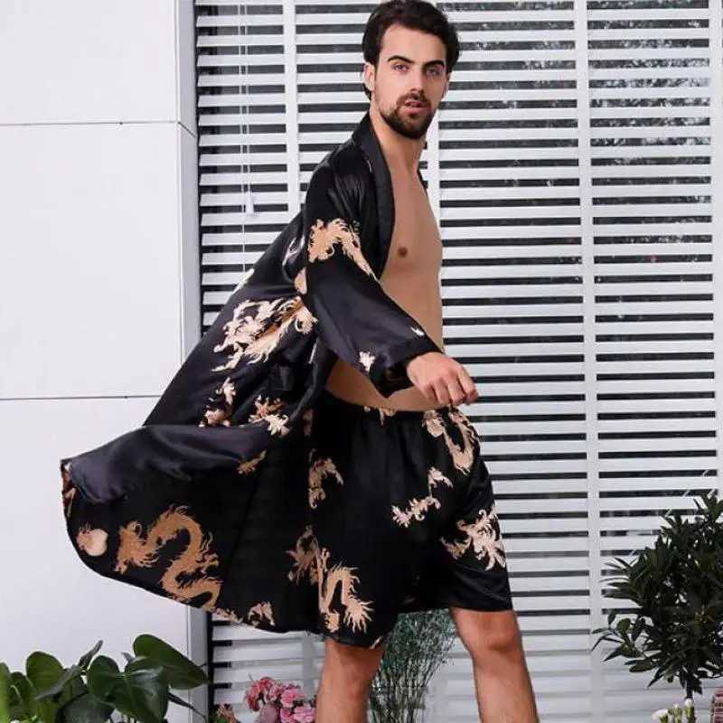 Large size 4XL 5XL mens satin robe set Dragon print 2PCS Spwear Silky Nighty Rob set mens casual kimono loose home textile W241023
