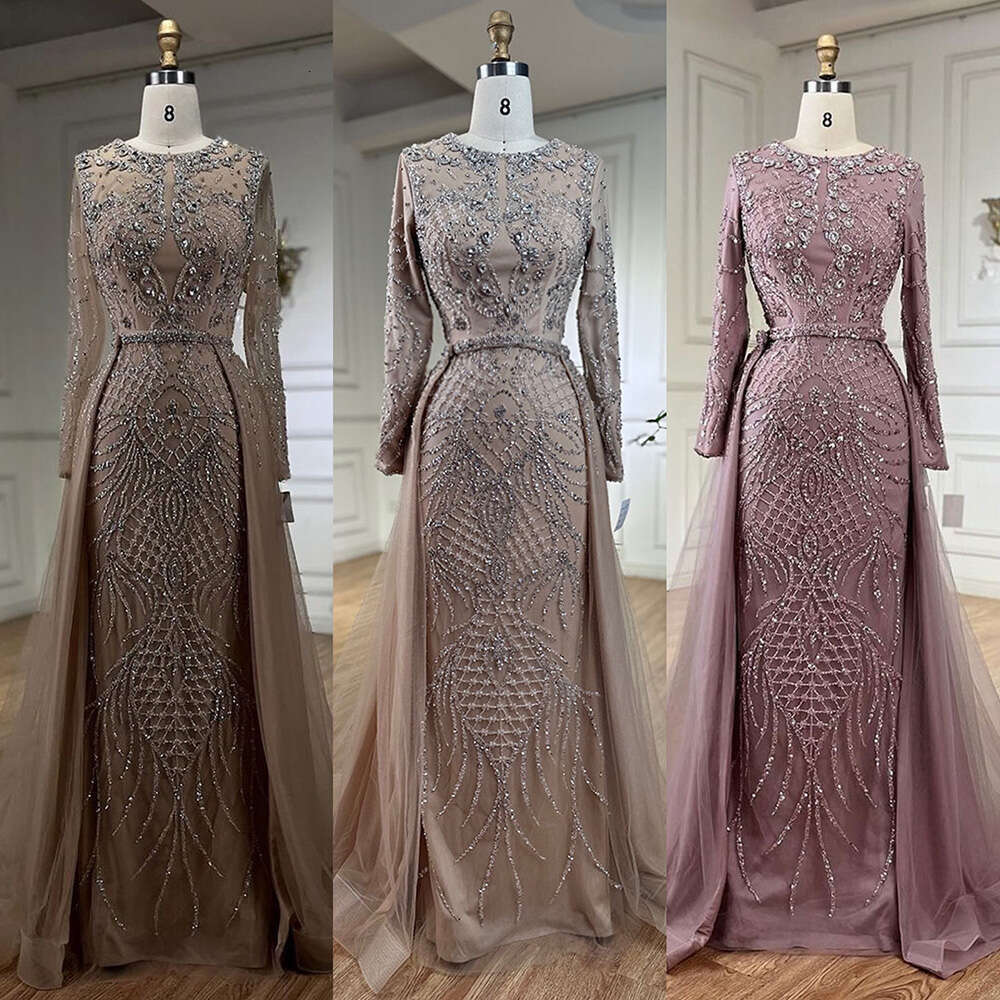 Muslim Serene Hill Sier Nude Mermaid Gown With Detachable Overskirt Beaded Evening Dress For Women Party 2024