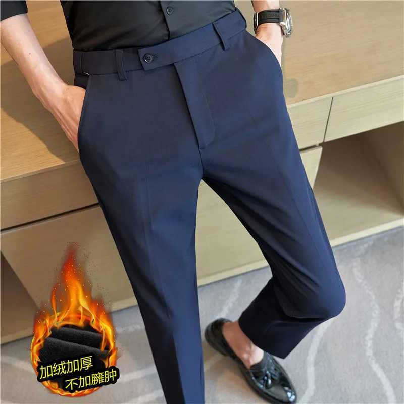 2023 Autumn Winter Plush Warm Suit pants Men Solid Color Elastic Waist Dress Pants Formal Business Slim Office Social TrousersXJ241023