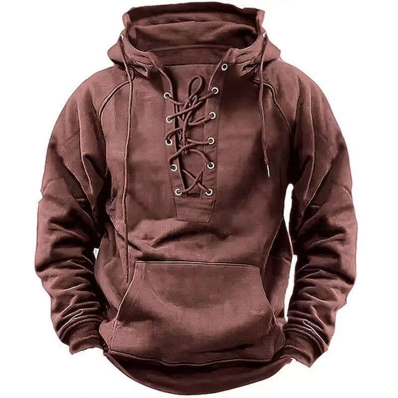High end Trendy Fall Mens Hooded Sweatshirts Lace up Drawstring Long Sleeve Loose Hoodies Men Streetwear Vintage Solid Color Hoodie