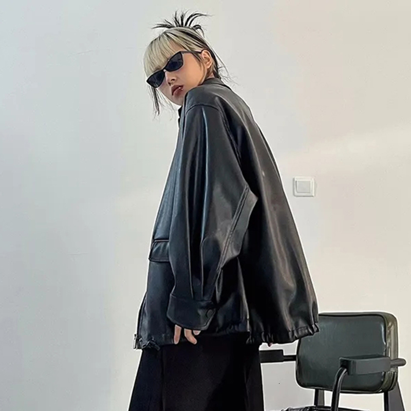 Streetwear Black Pu Faux Leather Coats Women Oversized Gothic Jackets Y2k Loose Pocket Cool Ladies Casual Soft Outerwear