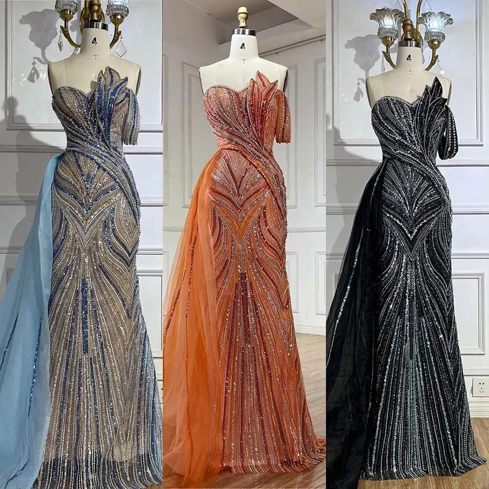 Serene Hill 2024 Arabic Blue One Shoulder Dubai Evening Gown with Side Overskirt Beaded Dress for Women's Party LA72662