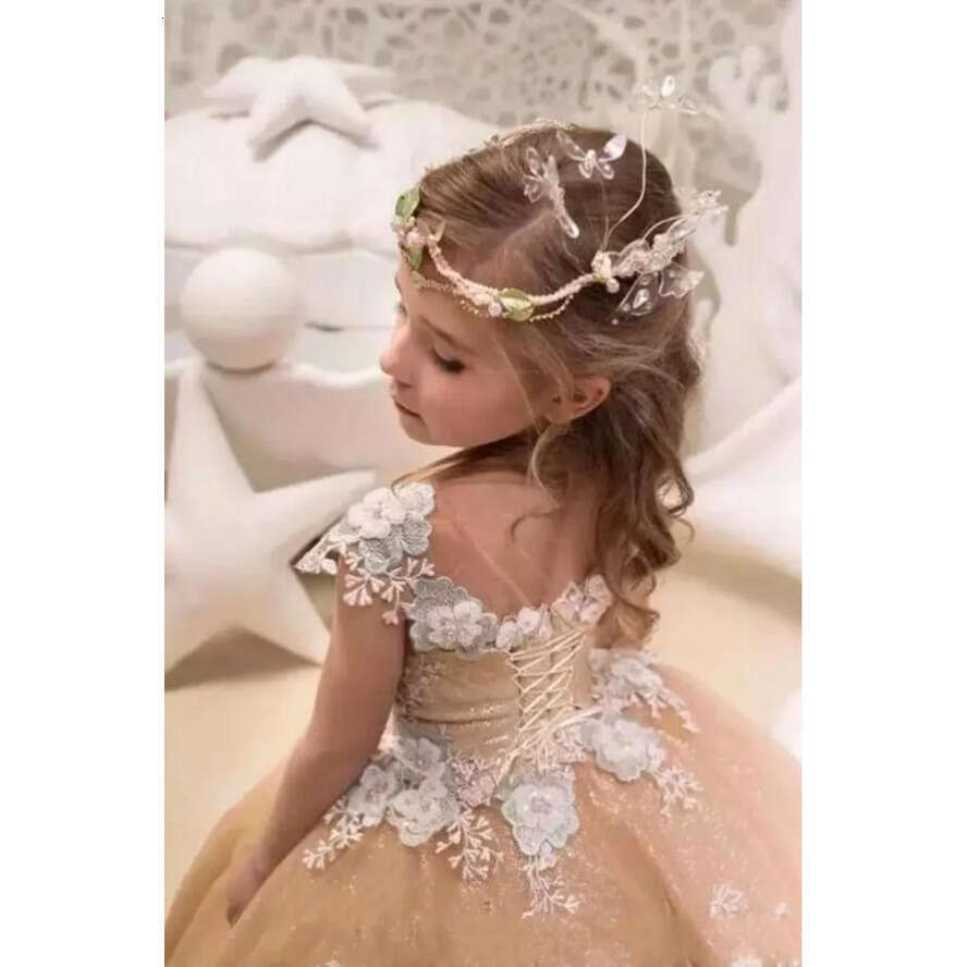 Girls Pageant Princess Gold Sheer Jewel Neck Cap Sleeve Appliques Beads Ruffles Long Wer Girl Dresses Custom Made Toddler Party Gowns Bc0027