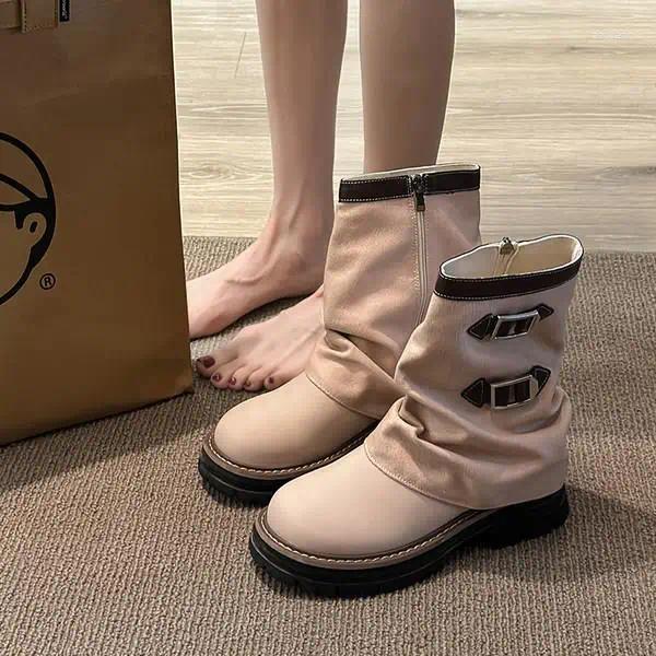 Boots Shoes Flat Heel Round Toe Women 2024 Clogs Platform Zipper Fashion Ladies Med Summer Elegant Rock