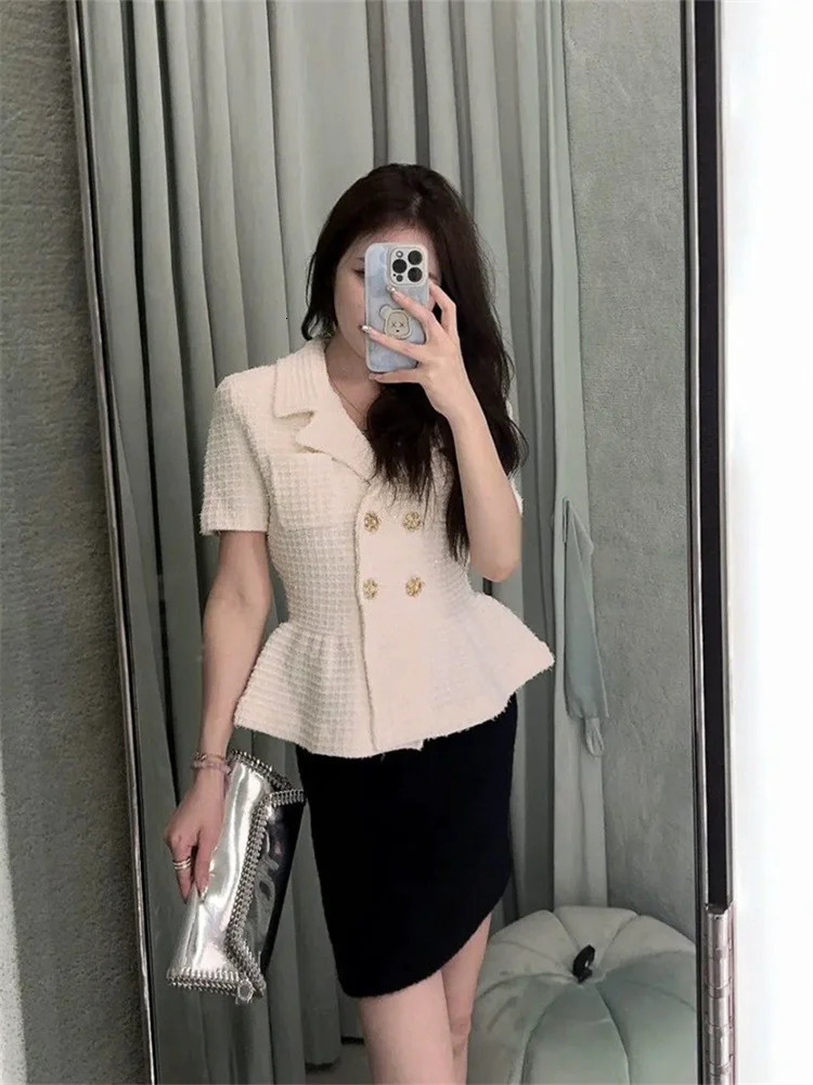 Womens elegant short sleeved top early autumn womens double breasted open top tweed coat 241023