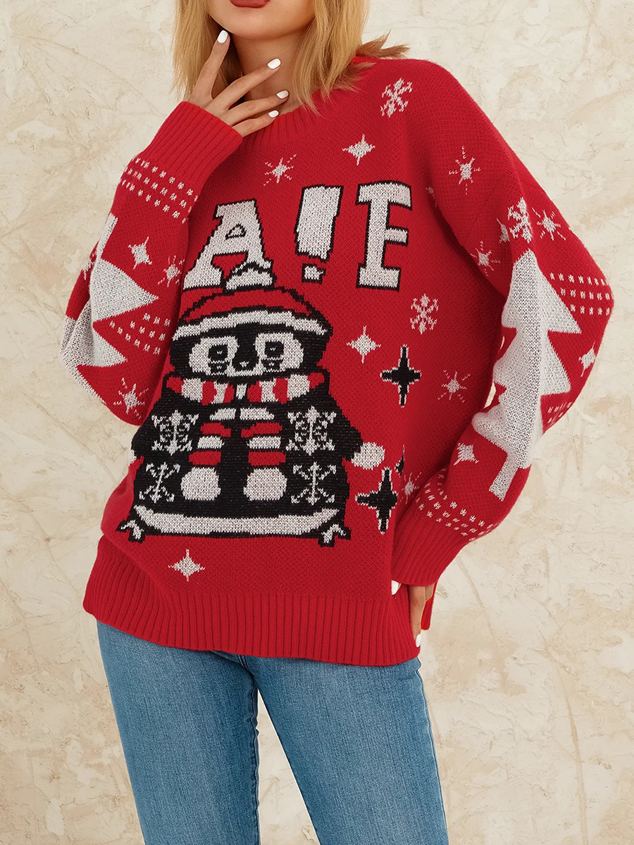 Men Women Christmas Sweater Reindeer Patterned Crew Neck Long Sleeve Pullover Knitwear with RibKnit Hem XS M L XL 241021
