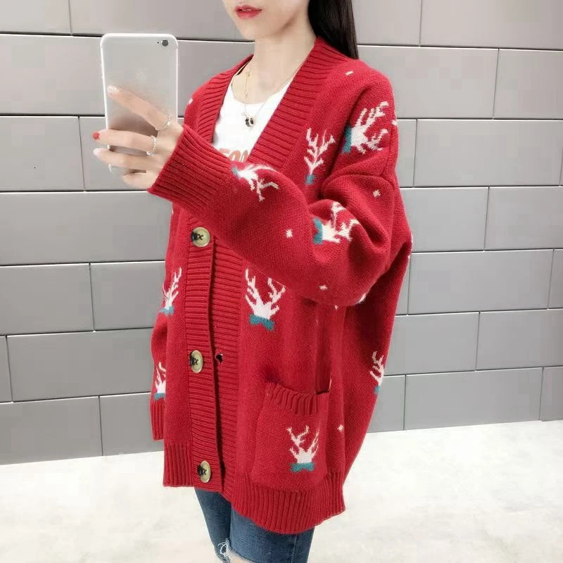 Christmas Deer Knitted Coat Femal Loose Cardigan For Women Long Sleeve Top Casual Chic Office Ladys Sweater Single Breasted 241022