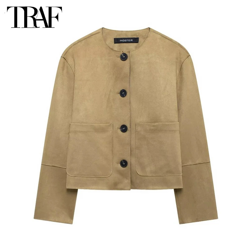 TRAF Suede Jacket Womens Autumn Button Jacket Womens Long Sleeve Oversized Jacket Womens Street Clothing Casual Coat Womens 241023