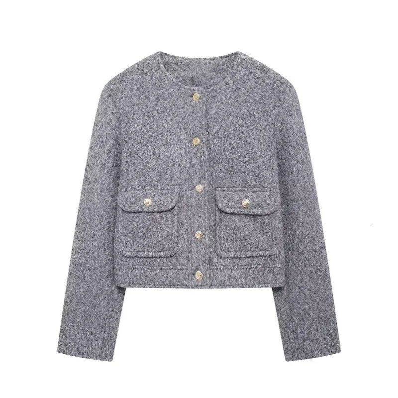Autumn womens coarse woolen jacket long sleeved round neck short button pocket jacket elegant womens jacket 241023