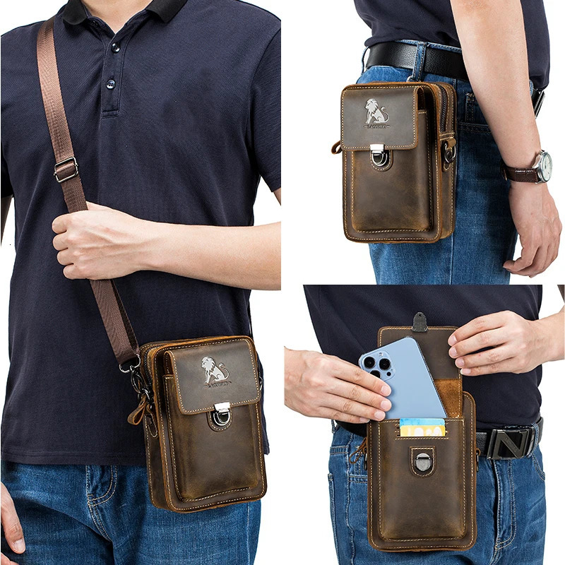 Crazy Horse Skin Mens Wear with Mobile Phone Waist Bag Top layer Cowboy Multi functional Single shoulder Cross body Mobile Phone Bag 241023