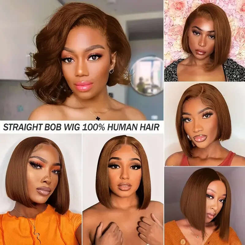 Brazilian Remy 4# Chocolate Straight Short Bob Wigs Honey Brown 13x4 Transparent Lace Front Human Hair Wig