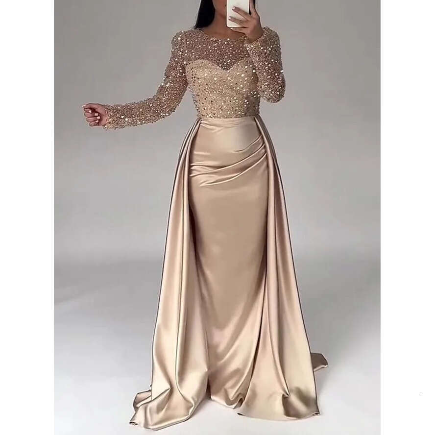 Vintage Long Arabic Dubai Sleeve Evening Dresses With Detachable Skirt Champagne Sier Mermaid Sparkle Sequined Women Ocn Party Gowns Bc