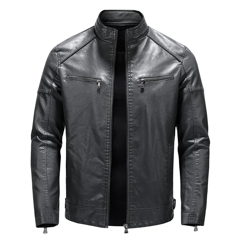 Mens Autumn/Winter Mens PU Leather Jacket Short Stand Collar Motorcycle Leather Jacket 241023
