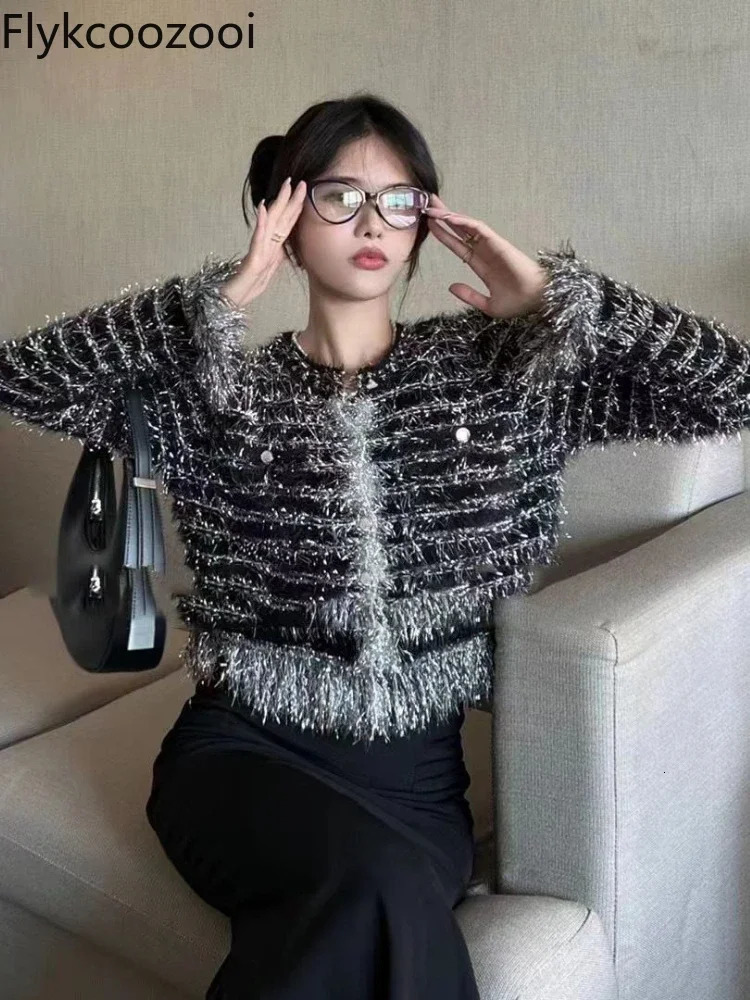Sparkly Fringed Elegant Sweater for Women Highgrade Cashmere Crewneck Knitted Cardigan Coat Regular Fit Casaco Feminino 241021