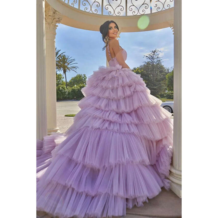 Lilac Purple Tier Cascading Evening Sexy A E Spaghetti V Neck Open Back Ruffles Long Prom Dresses Formal Vestidos Bc18389 estidos
