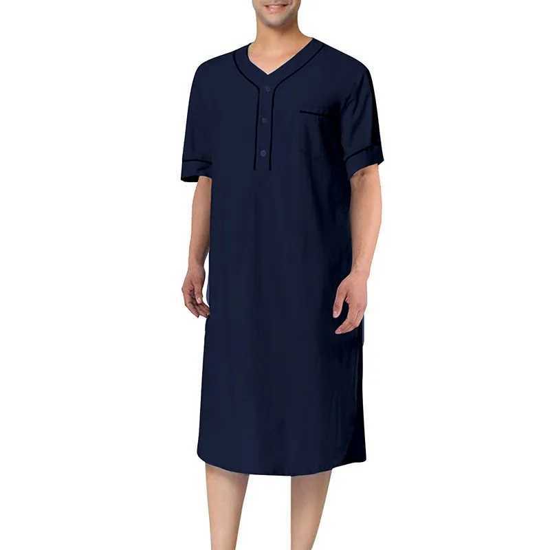 Summer mens casual short sleeved V-neck pajamas fashionable home clothes loose and comfortable solid color high-end night light S-3XL W241023