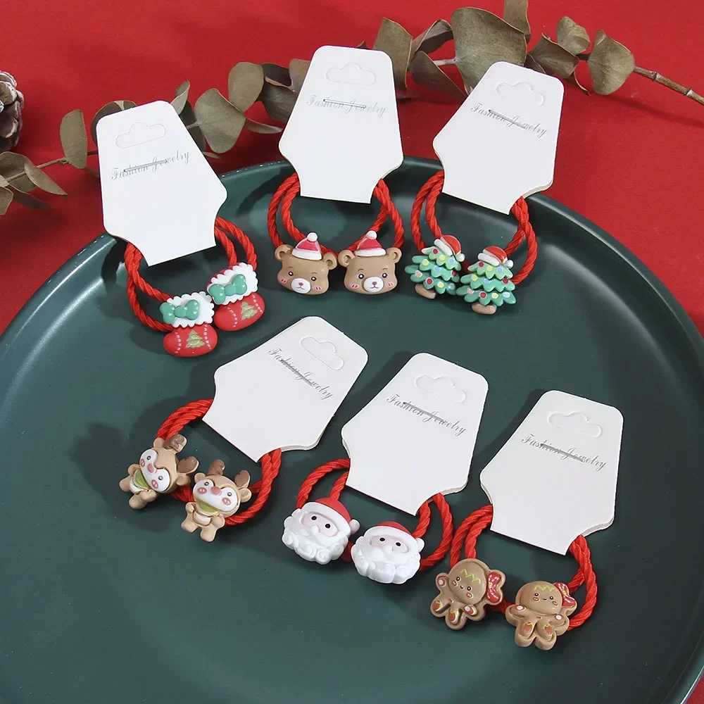 2Pcs Girls Christma Hair Bands Elastic Scrunchie Ponytail Ties Rubber Band Hair Accessories Cartoon Cute Baby Headwear Ring GiftX241022