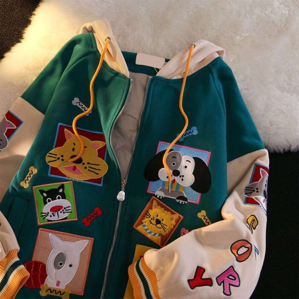 High end Block Color Vintage Cute Cartoon Print Zip Up Hoodies Women Kawaii Spring Clothes Sweatshirt Jackets Coats Oversized Teens