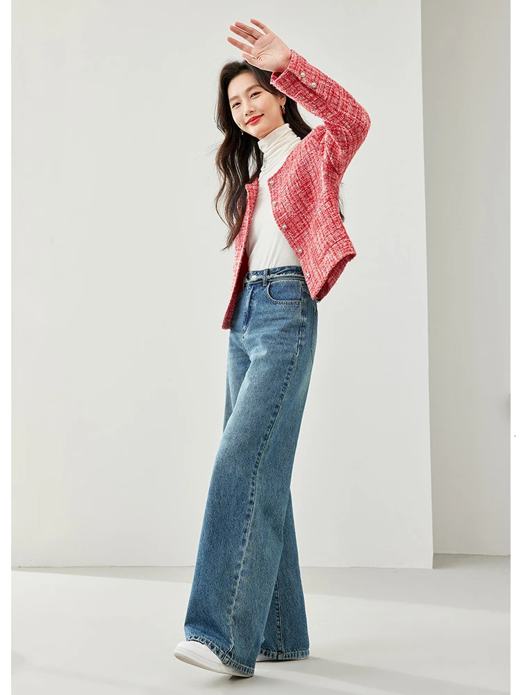 Vimly elegant cut tweed red jacket womens spring coat O-neck single chest long sleeved womens coat M6103 241023