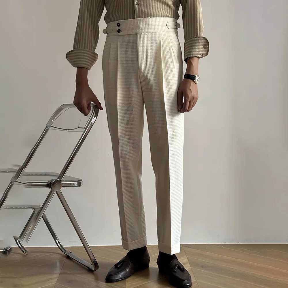 Mens Pants Suit Business British Office Casual Dress Pants Wfle Texture Chic Buckle High Waist Suit Pants Summer Mens ClothingX241023